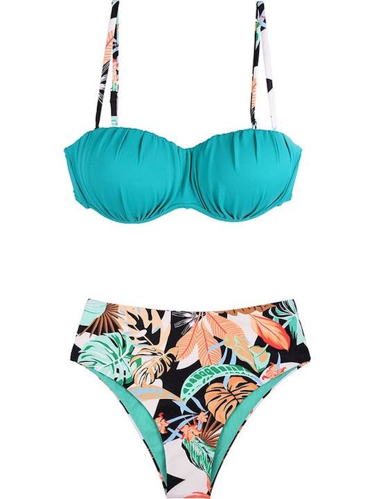 Set Bikini High Waist Floral Turquoise
