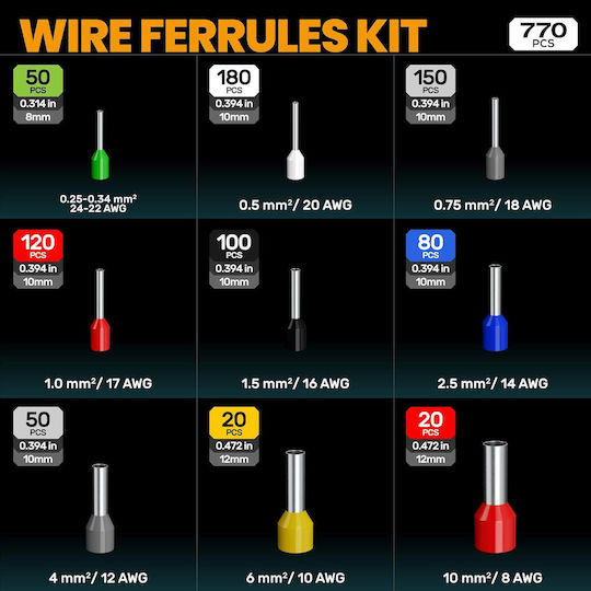 Crimping Tool Premium Electric Cable Crimping Kit 770 Terminals 9 Types 0.25-10 mm² Automatic Adjustment Tool Storage Transport Case
