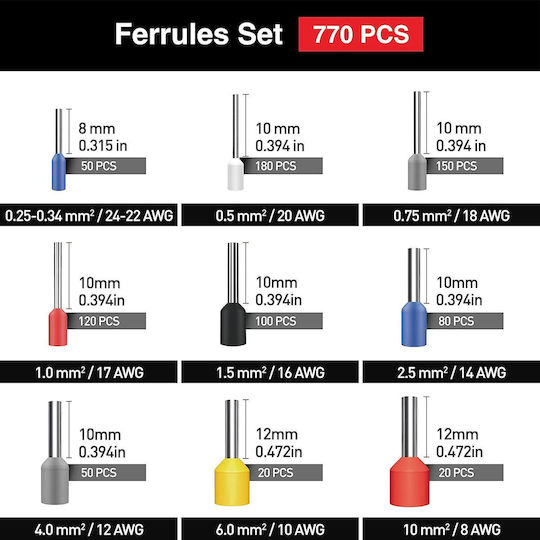 Set Cleste Sertizat Pentru Pin Conector 770 Terminale Conductoare 0,25-10 Mm² 9 Dimensiuni Hexagonale In Cutie De Depozitare Transport Someline