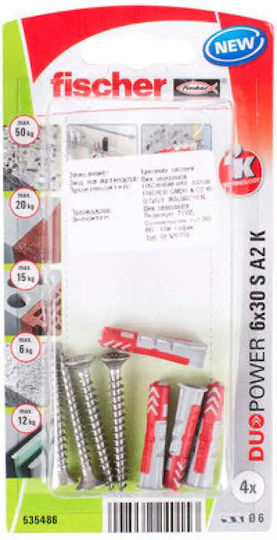 Fischer 535486 Ανοξείδωτη A2 Βίδα Νάιλον Βύσμα Duopower 6x30 S 4τεμ