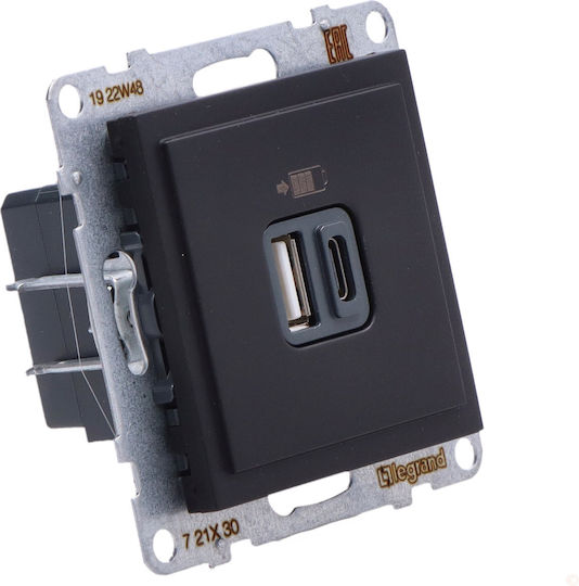 Legrand Suno Walled Power Socket with 2 USB Ports Black