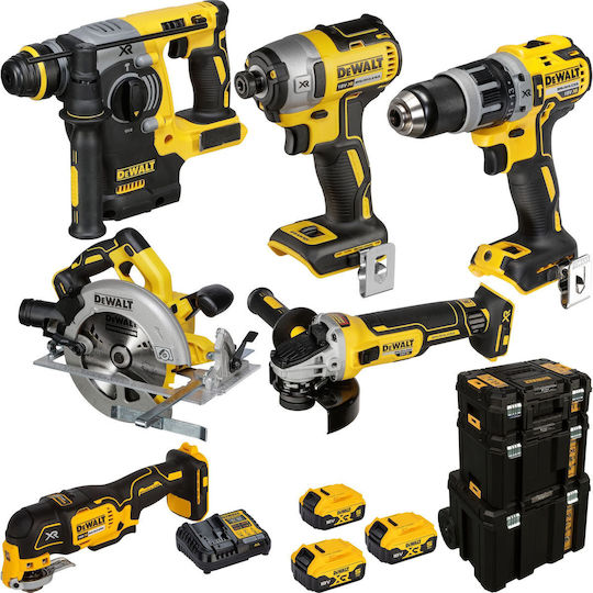 DEWALT DCK755P3T Set Angle Wheel & Circular Saw & Impact Drill Driver & Multitool & Jigsaw & Excavator & Impact Screwdriver 18V with 3 Batteries 5Ah and Case