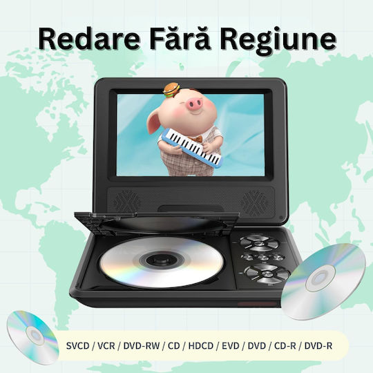 Player DVD Portabil Telecomandă Ecran HD 7,5 Inch 800x488 Rotativ 270° Memorie CD USB Card SD AV Jack 3,5mm Încărcător Auto Negru