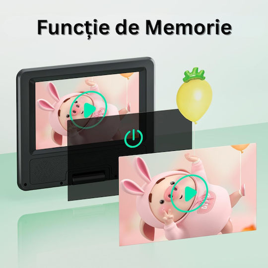 Player DVD Portabil Telecomandă Ecran HD 7,5 Inch 800x488 Rotativ 270° Memorie CD USB Card SD AV Jack 3,5mm Încărcător Auto Negru