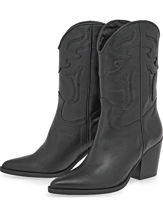 Leather High Heel Cowboy Boots Black