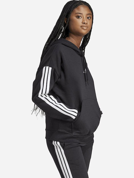 Essentials 3-stripes Γυναικείο Φούτερ με Κουκούλα Μαύρο