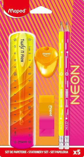 School Set Maped Neon Eraser Sharpener Pencil Ruler 5 Pieces 981883