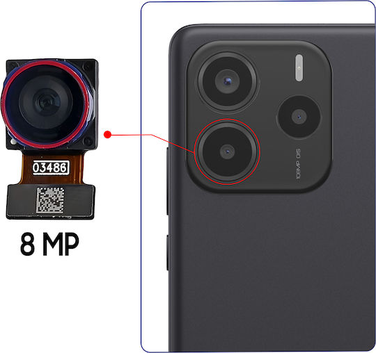 Clappio Задна Камера Xiaomi Redmi Note 14 5G 8MP Ултра Широк Ъгъл Черно Червено