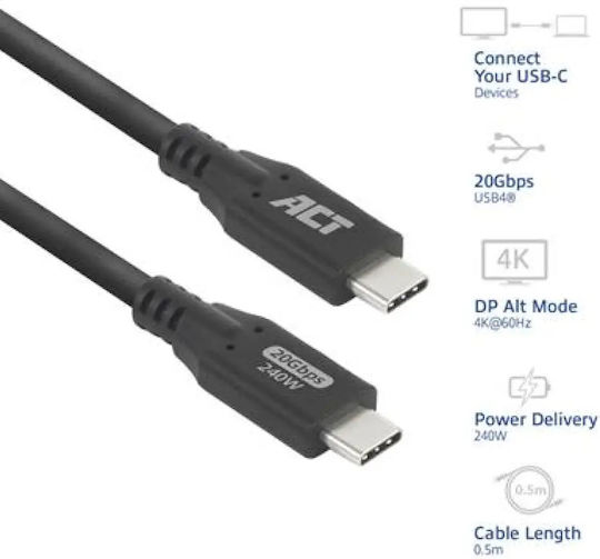 Act Ac7420 Кабел USB-C M към USB-C M 0.5m 240W Черен