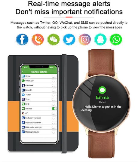 Brățară Fitness Smartwatch Futurefocus Idealstore Ecran LCD Tactil Rotund Complet de 1,3 inch Monitorizare Ritm Cardiac IP67 Tensiune Arterială Încărcare Wireless Funcție Multi-sport Compatibil Android iOS Maro