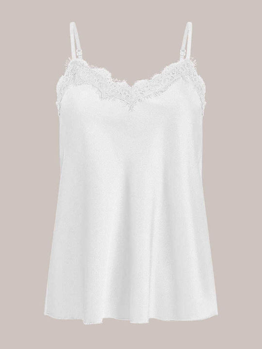 Details Women's Satin Lingerie Top with Lace White