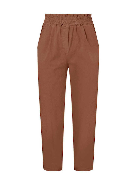Women's High-waisted Fabric Trousers with Elastic Regular Fit Brown