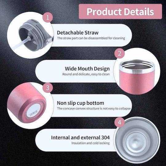 Uncle George Glass Thermos Stainless Steel / Aluminum BPA Free 900ml Mouthpiece Straw Pink with Mouthpiece and Straw