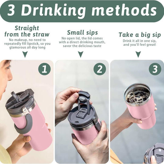 Uncle George Glass Thermos Stainless Steel / Aluminum BPA Free 900ml Mouthpiece Straw Pink with Mouthpiece and Straw