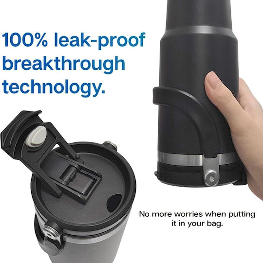 Uncle George Ποτήρι Θερμός Ανοξείδωτο / Αλουμίνιο BPA Free 900ml Επιστόμιο Καλαμάκι Μαύρο με Επιστόμιο και Καλαμάκι