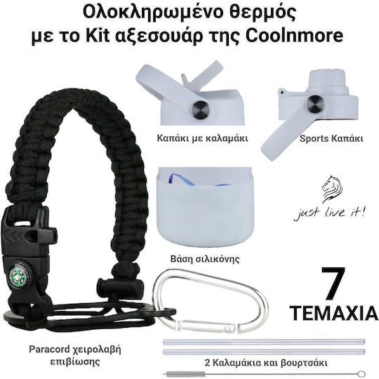 Cool'NMore Thermos Bottle Stainless Steel BPA Free 500ml White with Mouthpiece Loop Straw and Handle