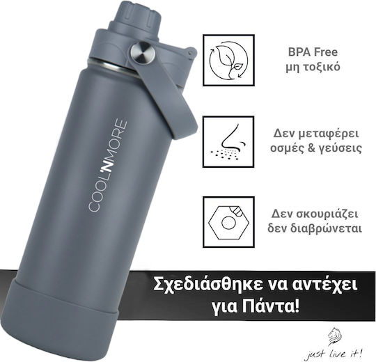 Cool'NMore Stainless Steel Thermos Bottle BPA Free 500ml Lava Grey with Straw Loop Mouthpiece and Handle