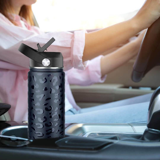 Cool'NMore Thermos Bottle Stainless Steel BPA Free 500ml Black With Handle Straw Loop And Mouthpiece