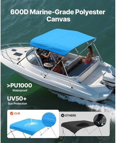 Vevor 3 Copertine Barca Bow Bimini 6 Ft Lungime Copertină Poliester 600d Albastru Pacific