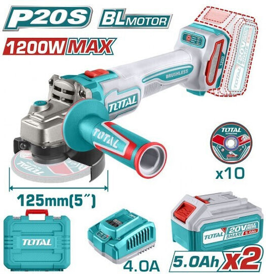 Total TAGLI2212532E Winkelschleifer 125mm Batterie Bürstenlos 2x5Ah