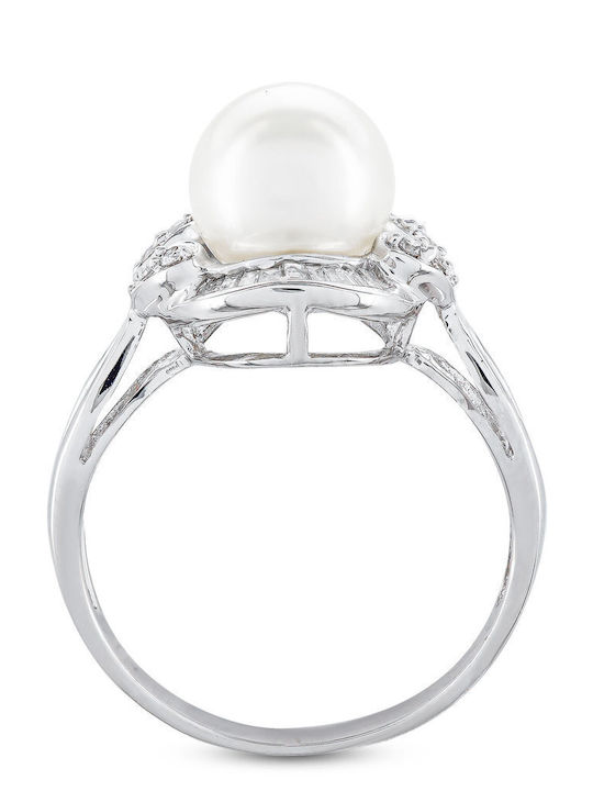 Kiriakos Gofas Ring with Pearls & Diamond made of White gold 18K