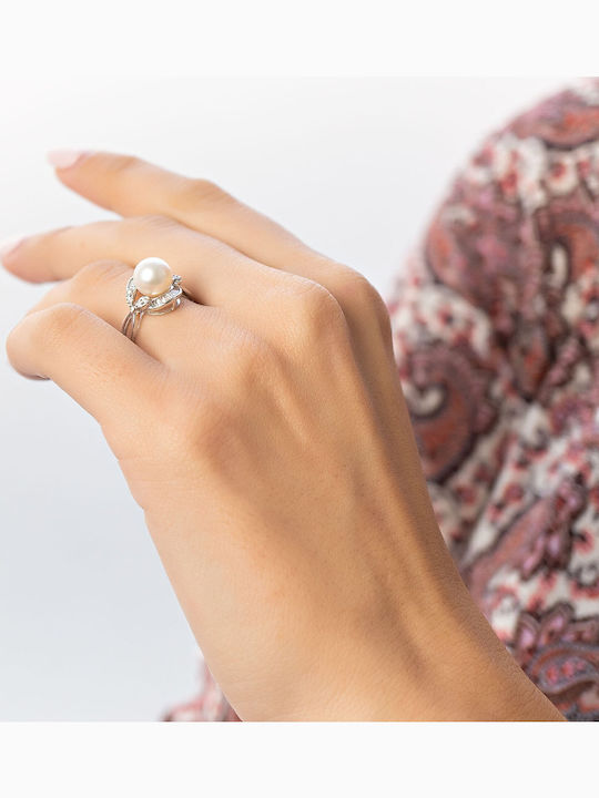 Kiriakos Gofas Ring with Pearls & Diamond made of White gold 18K
