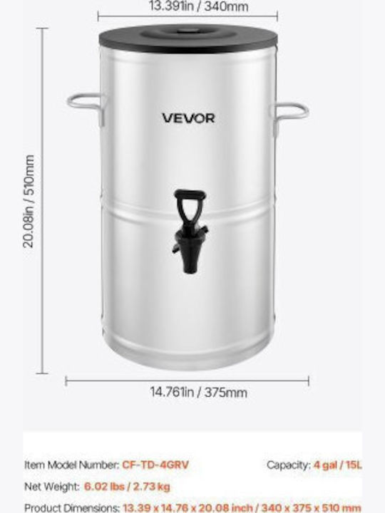 Vevor Dispenser Cold 15lt L34 x W37.5 x H51 cm