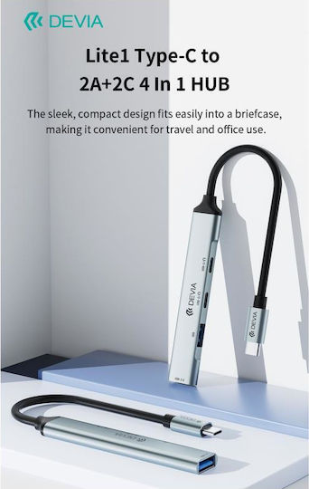 Devia USB-Hub 4 Anschlüsse USB 3.0 mit USB-C Verbindung Grau