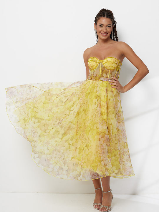 Sommer Midi Damenkleid für Hochzeit - Taufe Trägerlos Gelbe