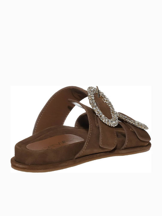 Leather Women's Flat Sandals Tabac Brown