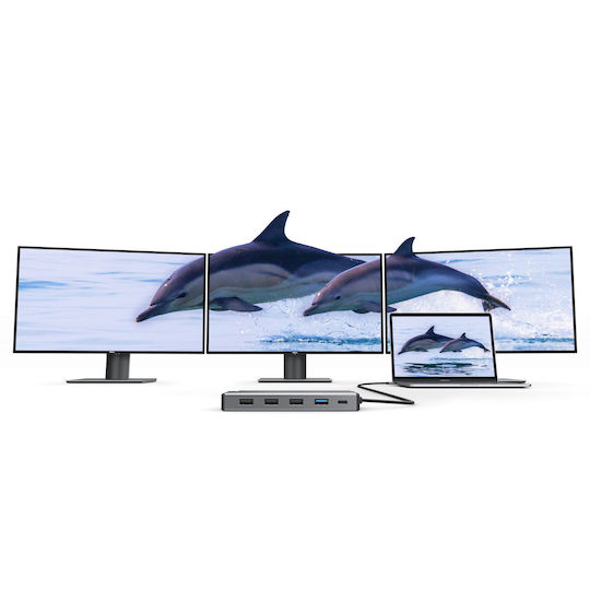 Alogic 12-in-1 USB-C Docking Station with HDMI 4K PD Ethernet and Support for 3 Monitors Gray