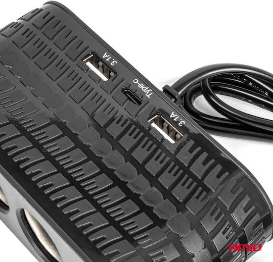 AMiO Φορτιστής Αυτοκινήτου 120W με Θύρες: 1xUSB 1xType-C 4xΑναπτήρα μαζί με Καλώδιο Ενσωματωμένο Μαύρο Χρώμα