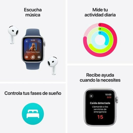Apple Watch SE 2024 Aluminum 44mm Waterproof with Heart Rate Monitor (Silver with Denim Sport Band - M/L)