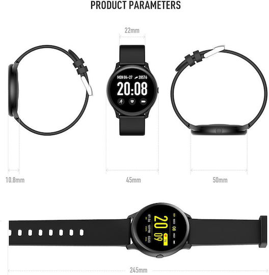 Smartwatch Kingwear Idealstore Ecran Tactil HD de 1,3 Inch Rezistent la Apă Pedometrul Monitor de Ritm Cardiac Monitor de Tensiune Arterială Memento Sedentar Mod Sport Negru