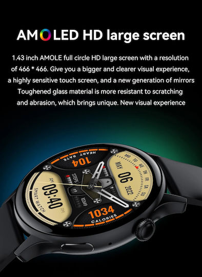 Smartwatch New Style Collection Idealstore Ecran HD AMOLED de 1,43 inch Apel Bluetooth Gestionare Mesaje NFC Monitorizare Ritm Cardiac Somn Asistent Vocal Difuzor Încorporat Microfon IP67 Android-iOS Baterie de Lungă Durată Ediție Neagră