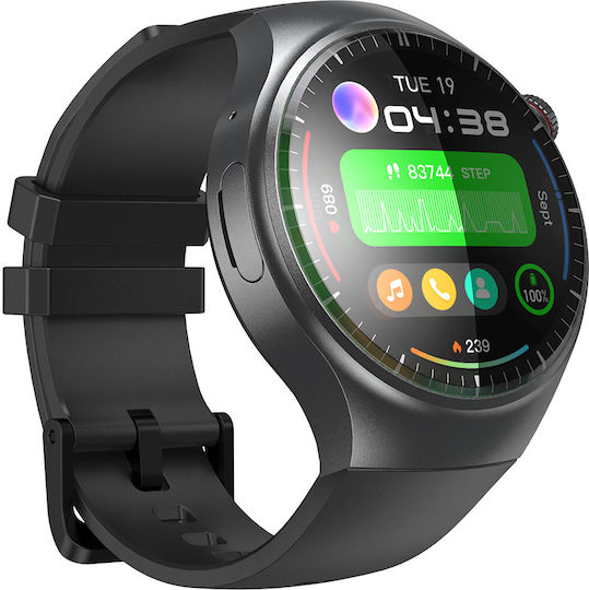 Smartwatch Idealstore Roundsims3 1.43 Inch Amoled Display Android 8.1 GPS Glonass Compass 4G Calling HD Speaker Microphone 1000 mAh Battery Nano SIM Heart Rate Monitor SpO2 Magnetic Charging Quad-Core Cortex Processor Black Silicone Strap