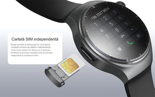 Smartwatch Idealstore Roundsims3 1.43 Inch Amoled Display Android 8.1 GPS Glonass Compass 4G Calling HD Speaker Microphone 1000 mAh Battery Nano SIM Heart Rate Monitor SpO2 Magnetic Charging Quad-Core Cortex Processor Black Silicone Strap