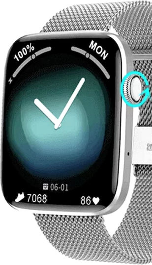 Smartwatch Idealstore Sportapple Echipat cu Difuzor Microfon Apeluri Telefonice Urmărire GPS Mod Multi-sport Senzor Ritm Cardiac Tensiune Arterială Nivel Oxigen Ecran Curbat Curea Metalică Argintie