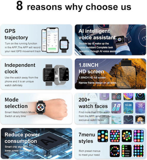 Smartwatch Idealstore Sportapple Echipat cu Difuzor Microfon Apeluri Telefonice Urmărire GPS Mod Multi-sport Senzor Ritm Cardiac Tensiune Arterială Nivel Oxigen Ecran Curbat Curea Metalică Argintie