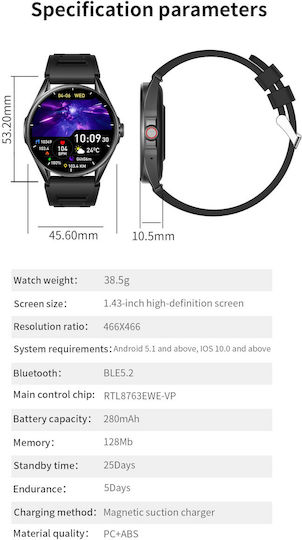 Delta Pro Smartwatch Idealstore 1.43" Amoled Touch Screen Android iOS Speaker Bluetooth Call Alarm Weather Voice Assistant Fitness Tracker Women's Function Heart Rate Monitor Blood Pressure Monitor SpO2 Oximeter Multi-Sport Black