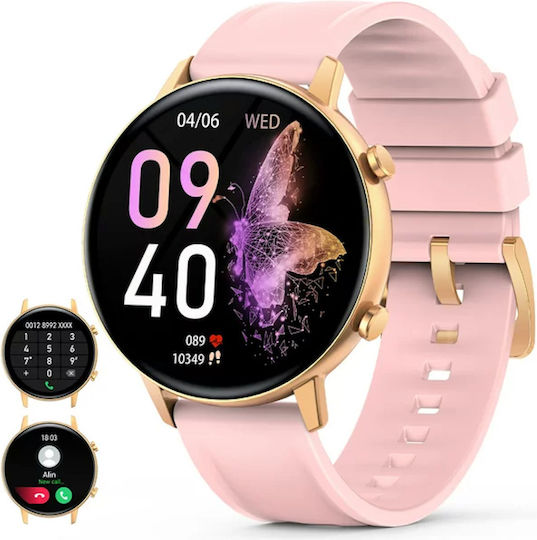 Live On Smartwatch Idealstore 1.1 Inch Hd Amoled Display Bluetooth Call Message Notifications Nfc Heart Rate Sleep Monitoring Voice Assistant Built-in Speaker Microphone Ip68 Alarm Android-ios Long Battery Pink Silicon Edition