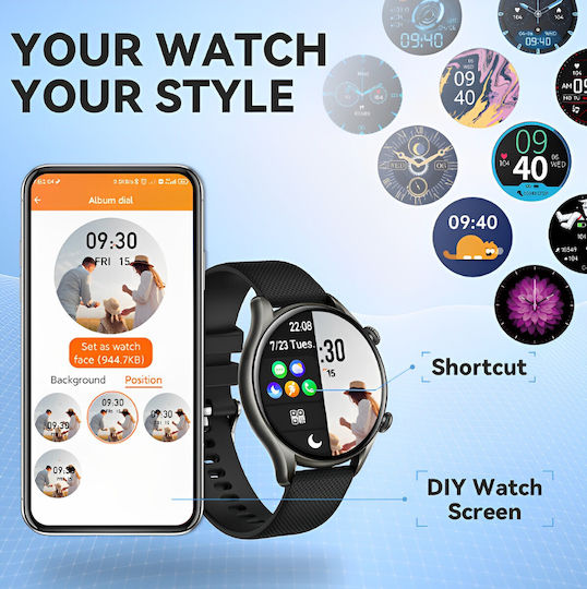 Smartwatch Tirana Fashion Idealstore Ecran Tactil Complet IPS Monitorizare Ritm Cardiac Monitorizare Tensiune Arterială Monitorizare Saturație Oxigen Somn Vreme Multi-sport Notificări Apeluri SMS Social Media IP67 Baterie de Lungă Durată Ediție Neagră