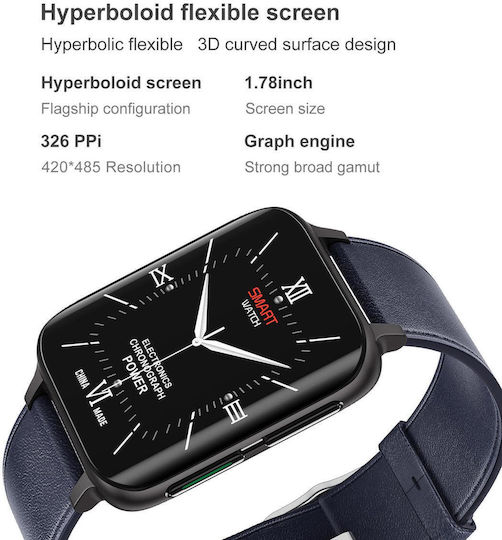 Twinkler Smartwatch Idealstore 1,78" LTPS Display Anruffunktion Herzfrequenzsensor Pulsoximeter Schlafmonitor Multisport Wasserfest Kompatibel mit Android iOS Blaues Leder