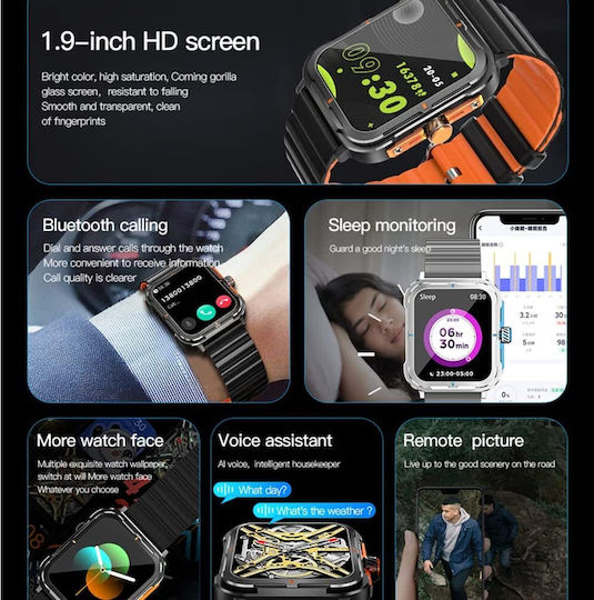 Strongcollection Idealstore Smartwatch Ecran Tactil de 1,83 Inch Notificări Mesaje Social Media Răspuns Apeluri Bluetooth Microfon Încorporat Difuzor Monitorizare Somn Tensiune Arterială Multi-sport IP67 Alarmă Android-iOS Ediția Neagră