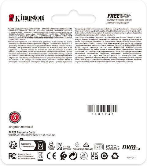 Kingston NV3 SSD 1TB M.2 Type with PCI Express 4.0 Connection SNV3SM3/1T0