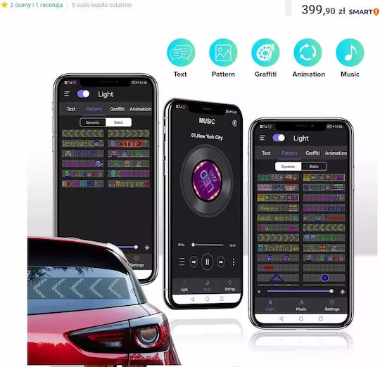 Flexible RGB LED Car Sign Bluetooth Animated Images Text via App 16x96mp