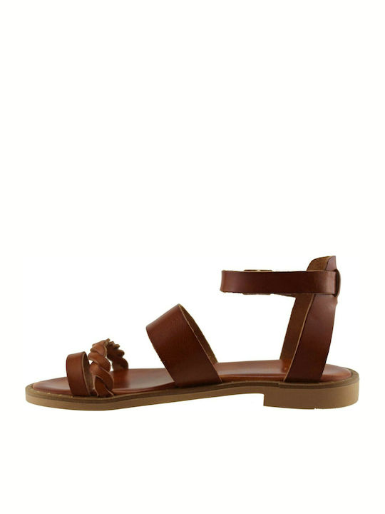 Leather Women's Flat Sandals in Tabac Brown Color