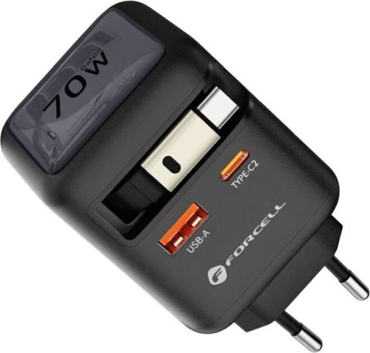 Forcell Φορτιστής Χωρίς Καλώδιο GaN με Θύρα USB-A και Θύρα USB-C 70W Power Delivery / Quick Charge 4.0 Γκρι (F-Energy VT-R7)