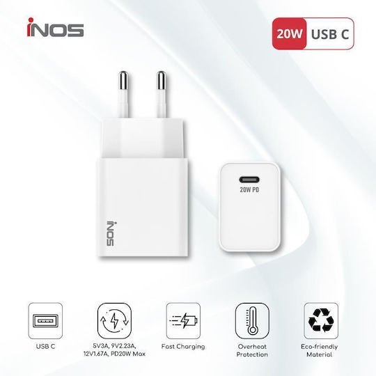 iNOS Зарядно без кабел с USB-C порт 20W Power Delivery Бял