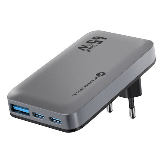 Forcell Φορτιστής Χωρίς Καλώδιο GaN με Θύρα USB-A και 2 Θύρες USB-C 65W Power Delivery / Quick Charge 4.0 Γκρι (F-Energy)